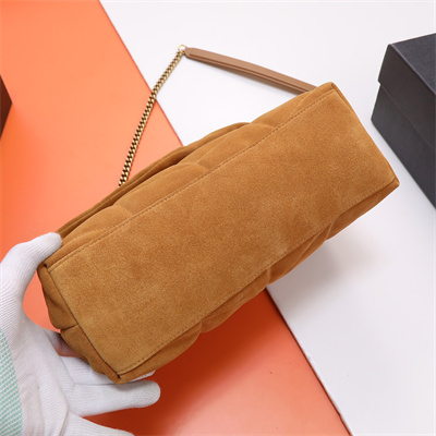 Y.S.L PUFFER SMALL In Suede Leather Gold Tone Metal Caramel Color