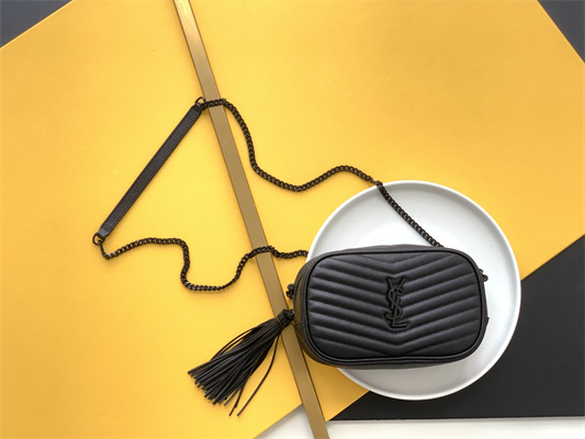 Y.S.L MINI LOU In Black Quilted Grain De Poudre Embossed Leather  Black Tone Metal