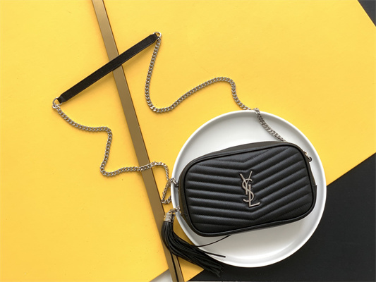 Y.S.L MINI LOU In Black Quilted Grain De Poudre Embossed Leather  Silver Tone Metal