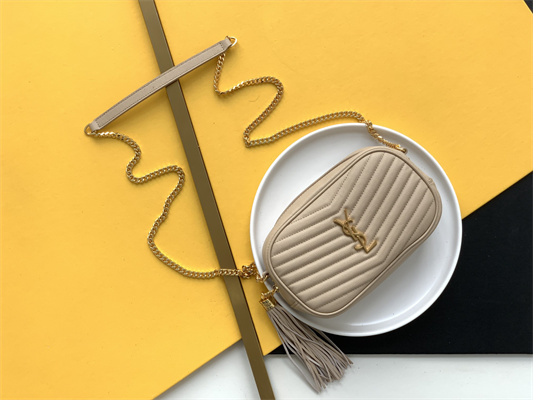 Y.S.L MINI LOU In Beige Quilted Grain De Poudre Embossed Leather  Gold Tone Metal