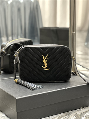 Y.S.L LOU CAMERA BAG In Black Quilted Suede and Smooth Leather Gold Tone Metal