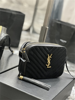 Y.S.L LOU CAMERA BAG In Black Quilted Suede and Smooth Leather Gold Tone Metal