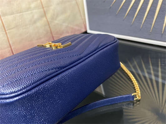 Y.S.L MINI LOU In Dk Blue Quilted Grain De Poudre Embossed Leather  Gold Tone Metal