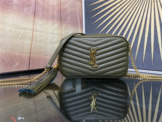 Y.S.L MINI LOU In Dk Green Quilted Grain De Poudre Embossed Leather Gold Tone Metal