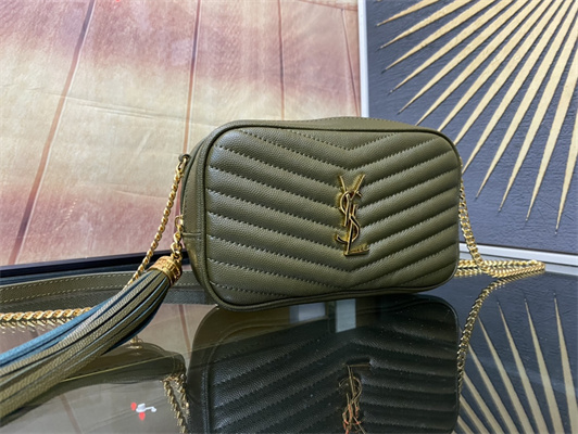 Y.S.L MINI LOU In Dk Green Quilted Grain De Poudre Embossed Leather Gold Tone Metal