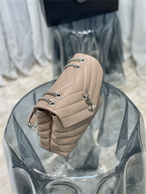 Y.S.L LOULOU SMALL In Dk Beige Quilted Calfskin Leather Silver Tone Metal