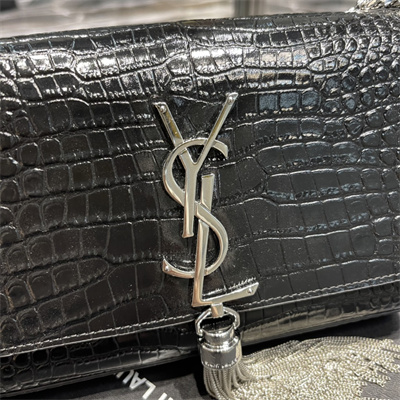 Y.S.L KATE SMALL TASSEL IN CROCODILE EMBOSSED Leather Silver Tone Metal Black Color