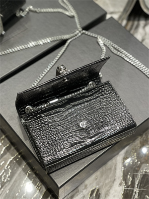 Y.S.L KATE SMALL TASSEL IN CROCODILE EMBOSSED Leather Silver Tone Metal Black Color