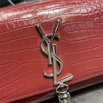 Y.S.L KATE SMALL TASSEL IN CROCODILE EMBOSSED Leather Silver Tone Metal Red Color