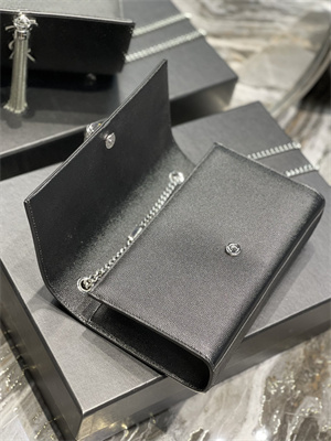 Y.S.L KATE MEDIUM TASSEL IN GRAIN DE POUDRE EMBOSSED LEATHER Silver Tone Metal Black Color