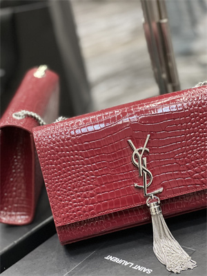 Y.S.L KATE MEDIUM TASSEL IN CROCODILE EMBOSSED Leather Silver Tone Metal Red Color