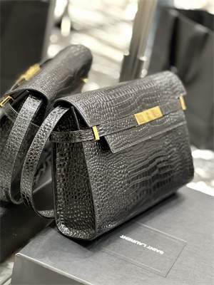 Y.S.L MANHATTAN Shoulder Bag In Black Shinny Crocodile Embossed Leather Gold Tone Metal