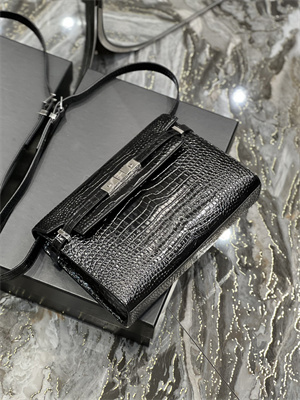Y.S.L MANHATTAN Shoulder Bag In Black Shinny Crocodile Embossed Leather Silver Tone Metal
