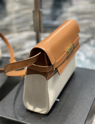 Y.S.L MANHATTAN Shoulder Bag In Cotton Canvas and Brown Smooth Leather