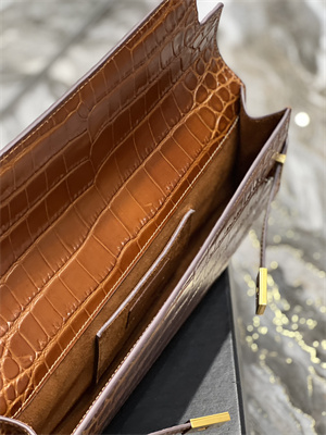 Y.S.L MANHATTAN CLUTCH In Shinny Crocodile Embossed Leather Brown Color