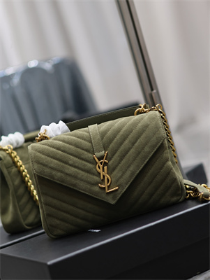 Y.S.L COLLEGE MEDIUM BAG IN QUILTED SUEDE Gold Tone Metal Dk Green Color