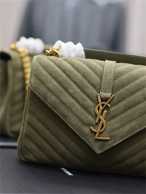 Y.S.L COLLEGE MEDIUM BAG IN QUILTED SUEDE Gold Tone Metal Dk Green Color