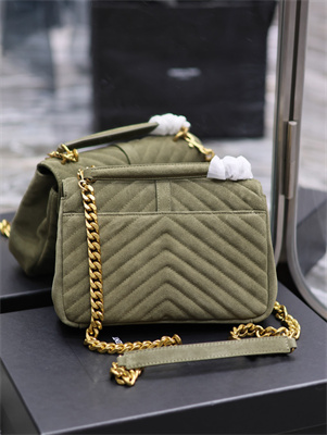 Y.S.L COLLEGE MEDIUM BAG IN QUILTED SUEDE Gold Tone Metal Dk Green Color