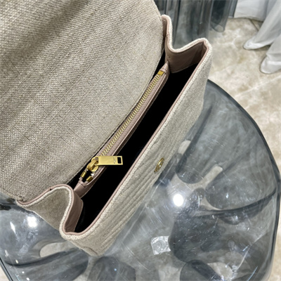 Y.S.L COLLEGE MEDIUM BAG IN QUILTED COTTON and LINEN Gold Tone Metal Beige Color