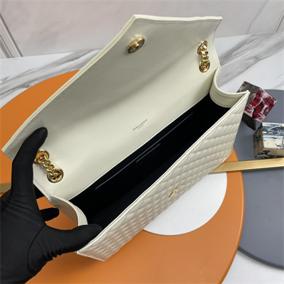 Y.S.L ENVELOPE LARGE IN QUILTED GRAIN DE POUDRE EMBOSSED LEATHER Gold Tone Metal White Color