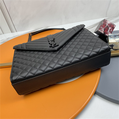 Y.S.L ENVELOPE LARGE IN QUILTED GRAIN DE POUDRE EMBOSSED LEATHER Black Tone Metal Black Color