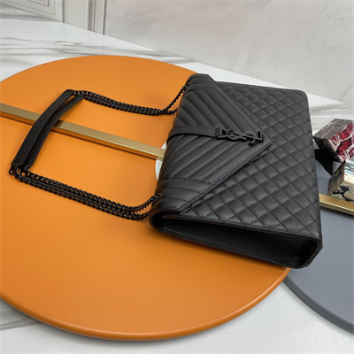 Y.S.L ENVELOPE LARGE IN QUILTED GRAIN DE POUDRE EMBOSSED LEATHER Black Tone Metal Black Color