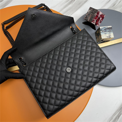 Y.S.L ENVELOPE LARGE IN QUILTED GRAIN DE POUDRE EMBOSSED LEATHER Black Tone Metal Black Color