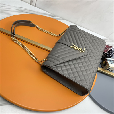 Y.S.L ENVELOPE LARGE IN QUILTED GRAIN DE POUDRE EMBOSSED LEATHER Gold Tone Metal Dk Grey Color