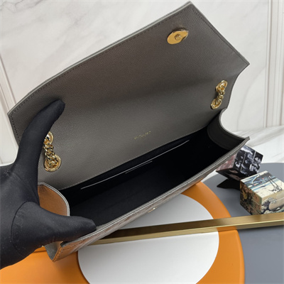 Y.S.L ENVELOPE LARGE IN QUILTED GRAIN DE POUDRE EMBOSSED LEATHER Gold Tone Metal Dk Grey Color