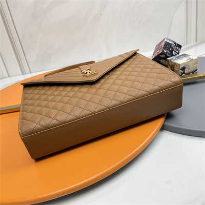 Y.S.L ENVELOPE LARGE IN QUILTED GRAIN DE POUDRE EMBOSSED LEATHER Gold Tone Metal Caramel Color