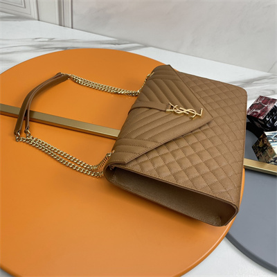 Y.S.L ENVELOPE LARGE IN QUILTED GRAIN DE POUDRE EMBOSSED LEATHER Gold Tone Metal Caramel Color