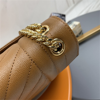 Y.S.L ENVELOPE LARGE IN QUILTED GRAIN DE POUDRE EMBOSSED LEATHER Gold Tone Metal Caramel Color