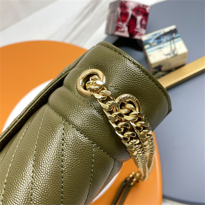 Y.S.L ENVELOPE LARGE IN QUILTED GRAIN DE POUDRE EMBOSSED LEATHER Gold Tone Metal Dk Green Color