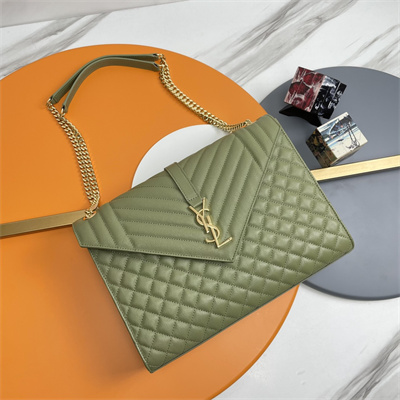 Y.S.L ENVELOPE LARGE IN QUILTED GRAIN DE POUDRE EMBOSSED LEATHER Gold Tone Metal Green Color