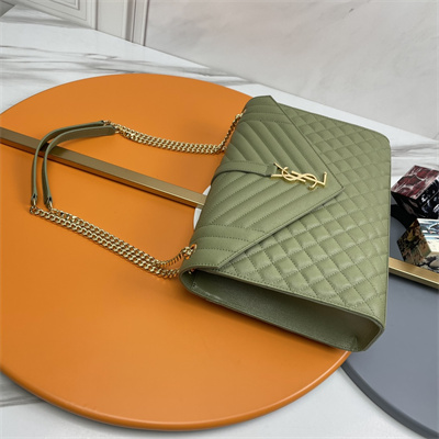 Y.S.L ENVELOPE LARGE IN QUILTED GRAIN DE POUDRE EMBOSSED LEATHER Gold Tone Metal Green Color
