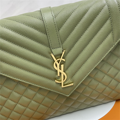 Y.S.L ENVELOPE LARGE IN QUILTED GRAIN DE POUDRE EMBOSSED LEATHER Gold Tone Metal Green Color