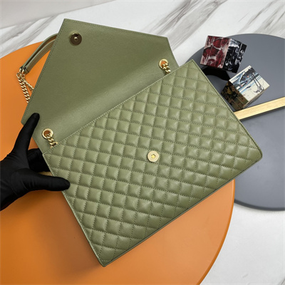 Y.S.L ENVELOPE LARGE IN QUILTED GRAIN DE POUDRE EMBOSSED LEATHER Gold Tone Metal Green Color