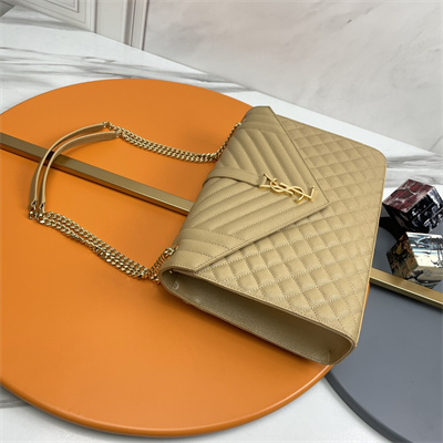 Y.S.L ENVELOPE LARGE IN QUILTED GRAIN DE POUDRE EMBOSSED LEATHER Gold Tone Metal Beige Color