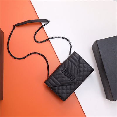 Y.S.L ENVELOPE SMALL IN QUILTED GRAIN DE POUDRE EMBOSSED LEATHER Black Tone Metal Black Color