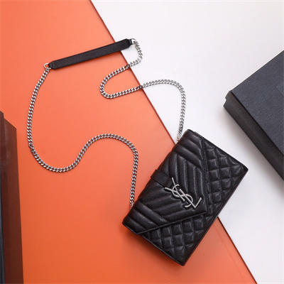 Y.S.L ENVELOPE SMALL IN QUILTED GRAIN DE POUDRE EMBOSSED LEATHER Silver Tone Metal Black Color