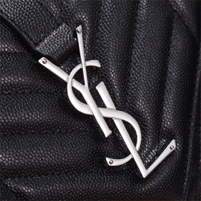 Y.S.L ENVELOPE SMALL IN QUILTED GRAIN DE POUDRE EMBOSSED LEATHER Silver Tone Metal Black Color