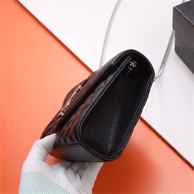 Y.S.L ENVELOPE SMALL IN QUILTED GRAIN DE POUDRE EMBOSSED LEATHER Silver Tone Metal Black Color