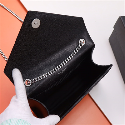 Y.S.L ENVELOPE SMALL IN QUILTED GRAIN DE POUDRE EMBOSSED LEATHER Silver Tone Metal Black Color