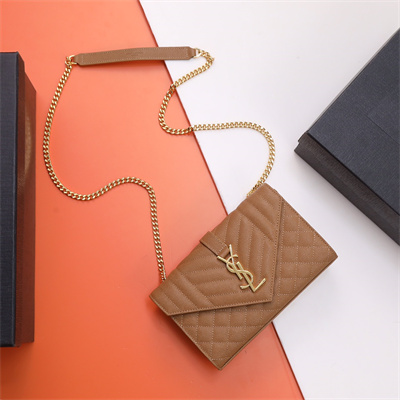 Y.S.L ENVELOPE SMALL IN QUILTED GRAIN DE POUDRE EMBOSSED LEATHER Gold Tone Metal Caramel Color