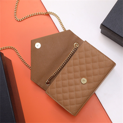 Y.S.L ENVELOPE SMALL IN QUILTED GRAIN DE POUDRE EMBOSSED LEATHER Gold Tone Metal Caramel Color