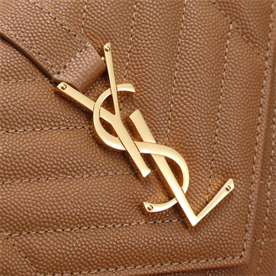 Y.S.L ENVELOPE SMALL IN QUILTED GRAIN DE POUDRE EMBOSSED LEATHER Gold Tone Metal Caramel Color