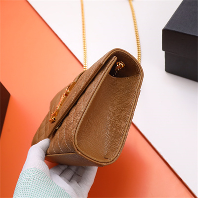 Y.S.L ENVELOPE SMALL IN QUILTED GRAIN DE POUDRE EMBOSSED LEATHER Gold Tone Metal Caramel Color