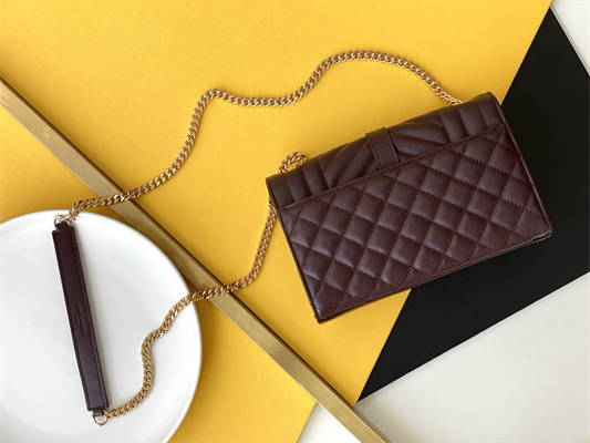 Y.S.L ENVELOPE SMALL IN QUILTED GRAIN DE POUDRE EMBOSSED LEATHER Gold Tone Metal Burgundy Color