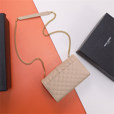 Y.S.L ENVELOPE SMALL IN QUILTED GRAIN DE POUDRE EMBOSSED LEATHER Gold Tone Metal Nude Color