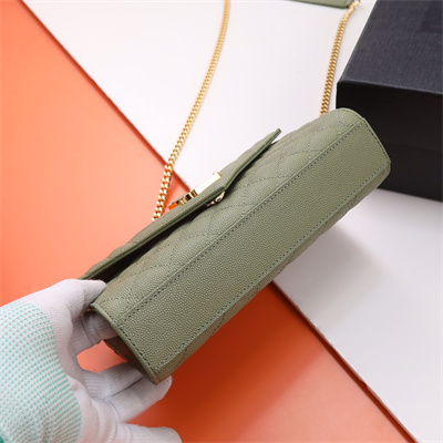 Y.S.L ENVELOPE SMALL IN QUILTED GRAIN DE POUDRE EMBOSSED LEATHER Gold Tone Metal Green Color